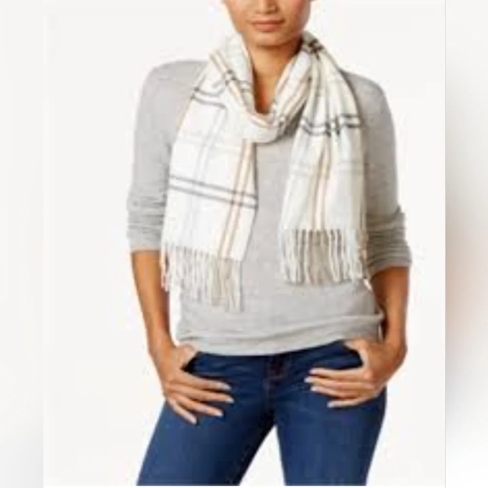 Plaid White and Tan Scarf With Fringe Edge #1760